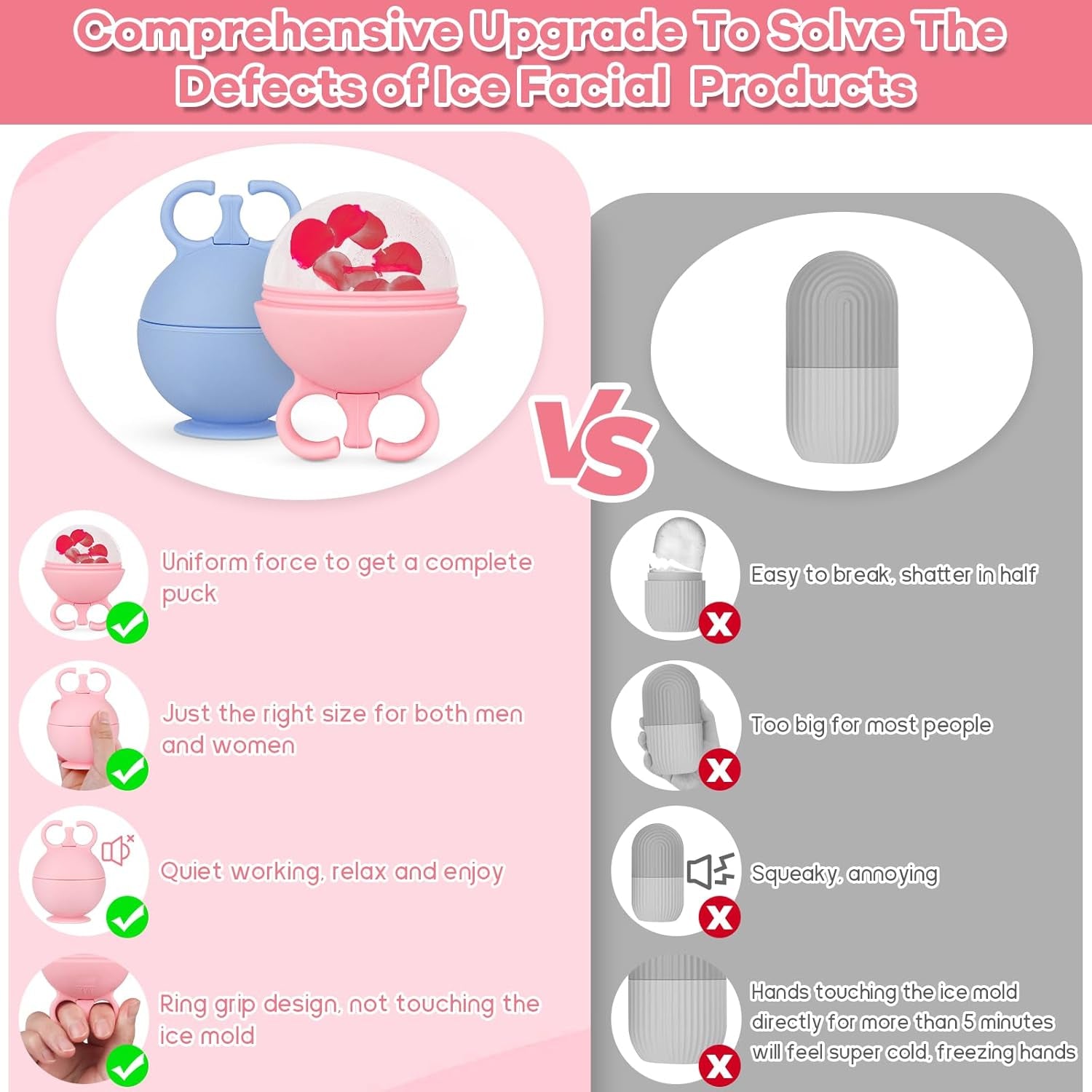 2 Pack Ice Roller for Face, Face Ice Roller for Women Face Neck Body and Eye, Ice Face Roller Tones Skin Eliminates Puffiness Ice for Face Ice Mold (Pink Blue)